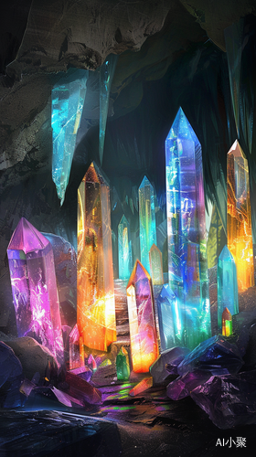 Rainbow Colors of Glowing Crystals in Realistic Cave