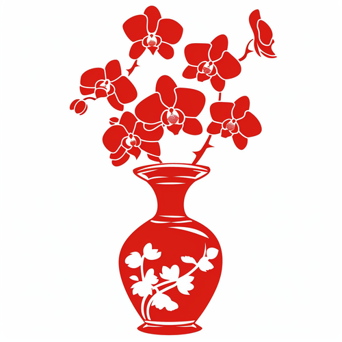 Chinese Paper Cutting: Elegant Single-layer Vector Silhouette of Red Flower Vase on White Background