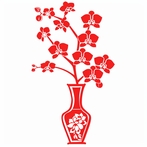 Chinese Paper Cutting: Elegant Single-layer Vector Silhouette of Red Flower Vase on White Background