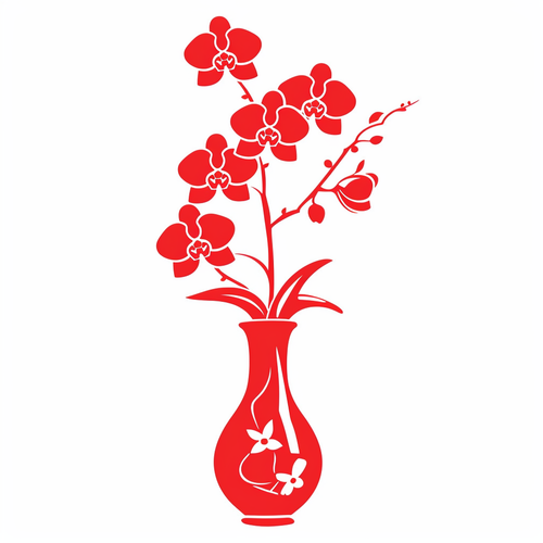 Chinese Paper Cutting: Elegant Single-layer Vector Silhouette of Red Flower Vase on White Background