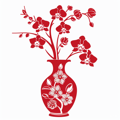 Chinese Paper Cutting: Elegant Single-layer Vector Silhouette of Red Flower Vase on White Background