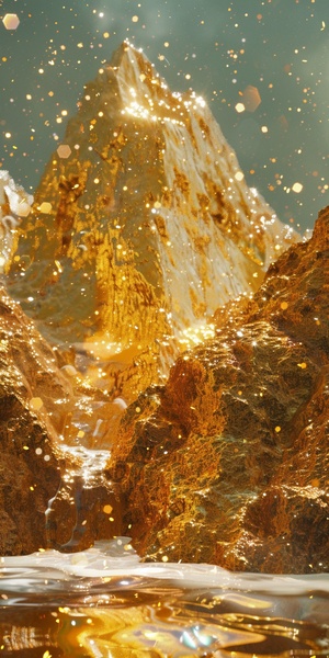 Micro scene, mountains made of gold, sparkling gold, clear water flowing down the mountain. The sun shines on the top of the mountain, glittering with gold, eyes full of wealth, glowing particles, clear rivers below the mountain reflecting the outline of Jinshan, ultra-high-definition details