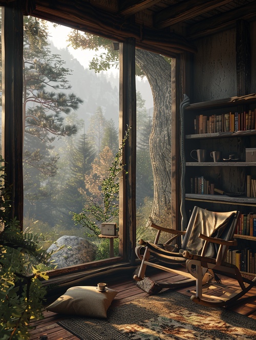 At the top of this high mountain, there is a peaceful cottage. This cabin is simple and cozy, built on a hillside, with some simple and warm furniture arranged inside. In a corner of the room, there is a chair. There is a tea cup placed on the table, emitting a faint warmth. There is a bookshelf next to it. . Through this huge corridor, one can clearly see the magnificent scenery outside. Beautiful mountains and forests, this is an ideal place far away from the hustle and bustle and close to nature, allowin