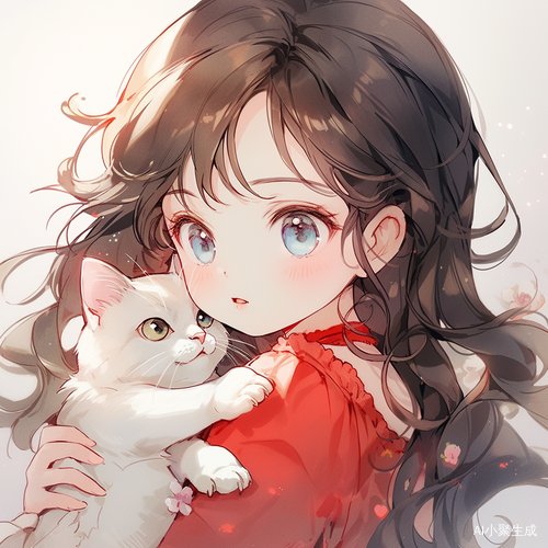 小女孩抱着小白猫