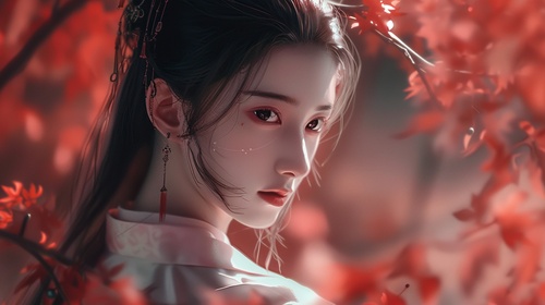 人物描述：古风美人和古风帅哥服饰妆发描述：红衣魏晋风，朱红背景，长发飘飘，面庞精致，构图描述：朦胧美感，静态画面，传统服饰，细腻表情，暖色调，肖像镜头，柔和光线,端庄仪态,唯美情怀。远景