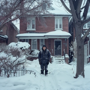 一个穿着羽绒服的男人站在家门前的一片雪地上】