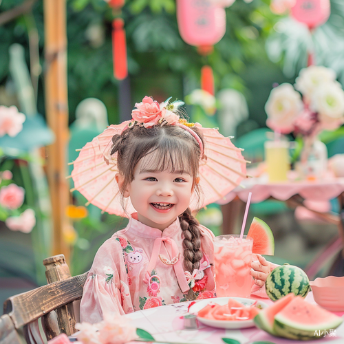 可爱韩式少女与花卉装饰