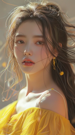 a woman with long hair wearing a yellow top and earrings, beautiful south korean woman, young adorable korean face, beautiful aesthetic face, wan adorable korean face, korean girl, popular korean makeup, gorgeous young korean woman, popular south korean makeup, beautiful young korean woman, with cute - fine - face, girl cute-fine-face, attractive female face!!!, lovely delicate face