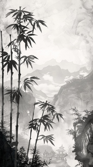 茂盛的竹子，山，中国水墨画