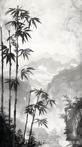 中国水墨画中的茂盛竹山