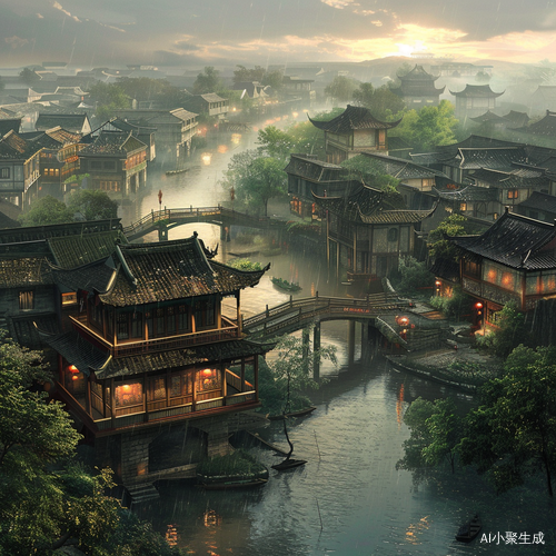 中国古代建筑街道和江南小镇景色