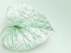 delicate Anthurium leaf, with light greengradient colors, in the style of nickveasey,semi-transparent texture style,fatillustrations,white background, minimalistcomposition,and high definition resolution. TheAnthurium leaf leaves have soft edges and appearvery elegant.They create an atmosphere oftranquility and serenity,ar 3:4