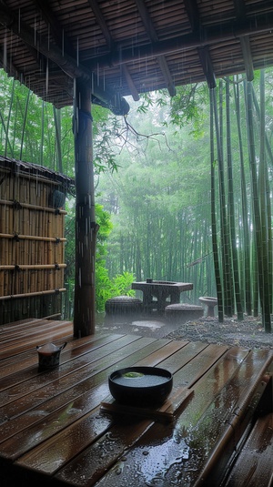 天空下着雨，竹林里，有个小屋，可以喝茶，很舒服惬意，自然风景，很治愈，很有安全感