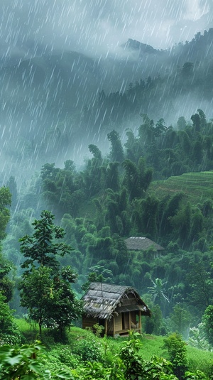 天空下着雨，山林中，有个草屋，可以喝茶，很舒服惬意，自然风景，很治愈，很有安全感。