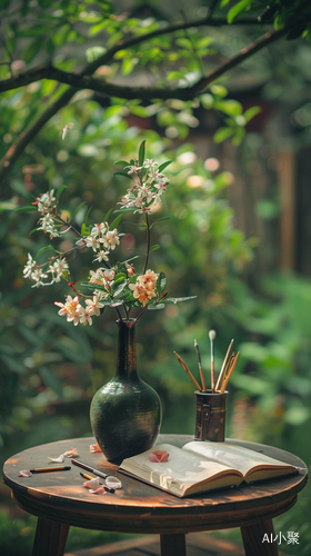 自然清新：小桌上花瓶和书本，毛笔搁笔筒