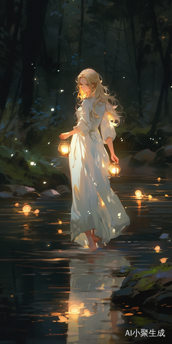 Enchanting Forest Night: Long-haired Woman in White Dress