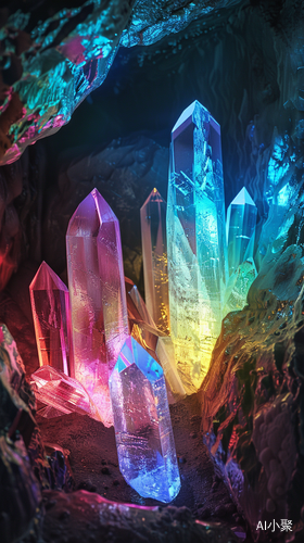 Realistic Rainbow Colors Crystal Glowing in Dark Cave