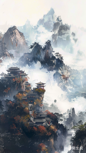 山水画高山云雾房屋江水流