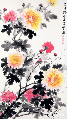中国水墨画中的盛开菊花