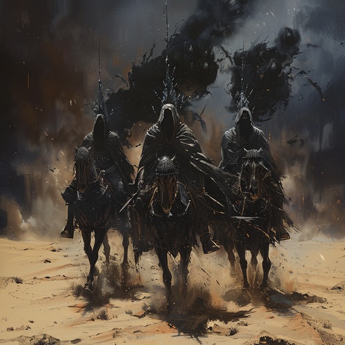 Three knights with long spiky skulls for heads in the desert , riding black - armored warhorses， dark sky background , wind blowing smoke across faces ，oil painting , brush strokes surrealism ， ultra detailed , high resolution , octane render