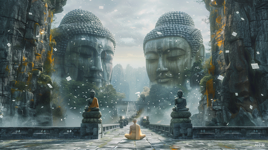 Chinese Stone Bridge with Buddha Heads and Meditating Monk