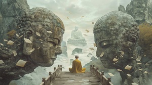 a Chinese stone bridge connects two mountain cliffs left and right , The towering cliffs on the left and right sides of the stone bridge are inlaid with two huge stone Buddha heads . Two Buddha heads face to face looking down at the center of the stone bridge . a bald monk in a yellow robe sits meditating in the middle of a stone bridge . There are many pages of scripture floating around the monks . The sky is full of Buddha light ， Chinese ink painting , art ink painting ，excellent light and shadow , minim