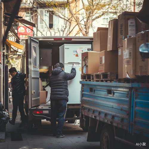 亚洲面孔搬运冰箱到大卡车现场实拍