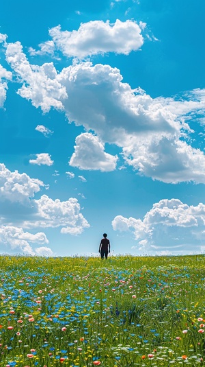 一半画面一个男人走在开满鲜花的绿色草原，画面一半天空蓝天白云