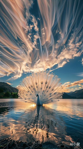 Spectacular Sunset Display of White Feather Clouds by Lake