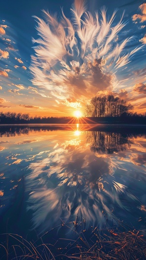 Ten thousand independent white feather clouds float in the sky by a lake,one by one arranged in a radial pattern, resembling the shape of a peacock opening its screen. They are very spectacular, extremely beautiful, super elegant, ultra high-definition, and ultra realistic,sunset,HD