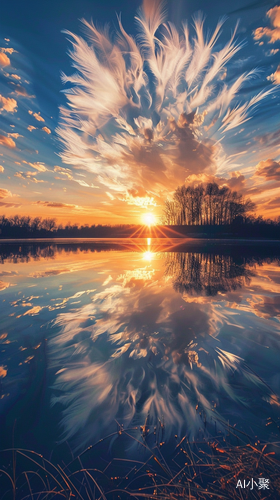 Spectacular Sunset Display of White Feather Clouds by Lake