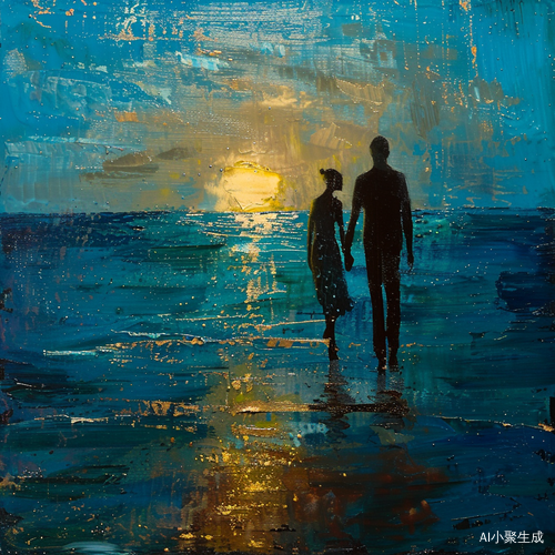 海边漫步情侣牵手傍晚