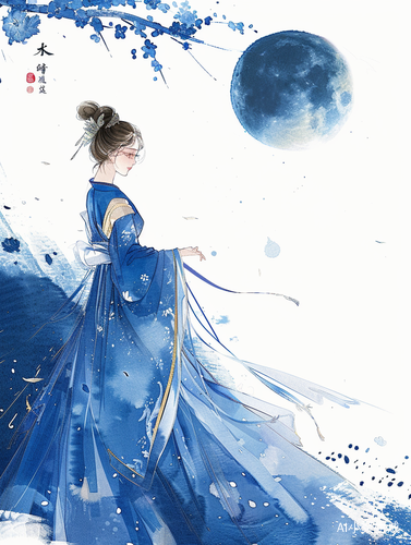 白色背景下的蓝色汉服女孩与月亮