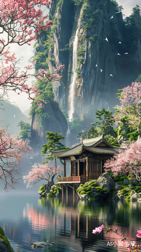 古代中国风建筑山间樱花瀑布高清摄影