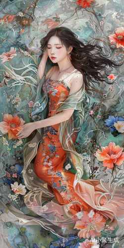 水彩花环绕下的美丽佳人