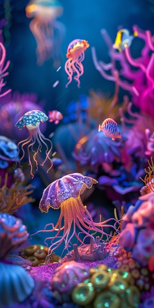 3D miniature scene, beautiful underwater world, different kinds of transparent medusa swim around. Bright colors, bold color schemes, miniature landscapes with the sky as the background, and dreamy realism style scenes are all rendered using wide-angle lenses and depth of field, creating a paper art illustration style with axial shift photography effects and ultra clear details. The colors are bright, the color scheme is bold, and the foreground is blurry