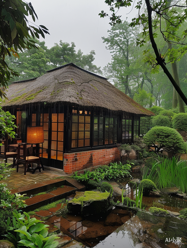 日本风茅草屋春雨中的宁静