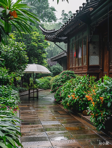 中国园林风格的绿色植物