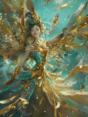 a female character wearing a golden dress and wings,in the style of kawacy, in the style of water and land fusion,high angle view, li-core,gold and turquoise, fenghua zhong, dynamic action painting, carnivalcore, commission for, brushwork mastery, metallic rotation, mind-bending murals, aurorapunk, dark bronze and sky-blue ar 16:9 s 750 niji 5