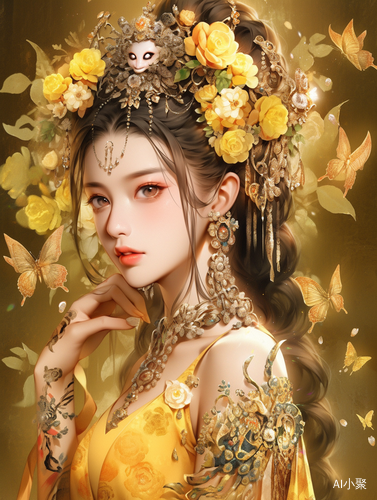 Ancient Chinese Woman in Yellow Floral Dress