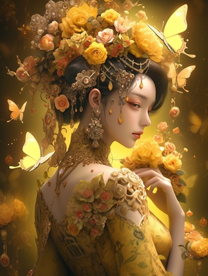 an, ancient,Chinese,woman,,,wearing,a,yellow,hanful,floral,dress,,,with,many,rose,decorations,and,Chinese,punk,crystal,decorations,on,her,head,,,fantasy,,,glowing,,,charming,sharp,big,eyes,,,exquisite,clothing,details,,,with,flowers,and,butterflies,,,yellow,background,there,are,roses,and,green,leaves