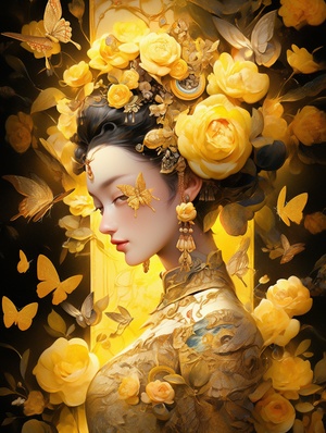 an, ancient,Chinese,woman,,,wearing,a,yellow,hanful,floral,dress,,,with,many,rose,decorations,and,Chinese,punk,crystal,decorations,on,her,head,,,fantasy,,,glowing,,,charming,sharp,big,eyes,,,exquisite,clothing,details,,,with,flowers,and,butterflies,,,yellow,background,there,are,roses,and,green,leaves