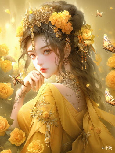 Ancient Chinese Woman in Yellow Floral Dress