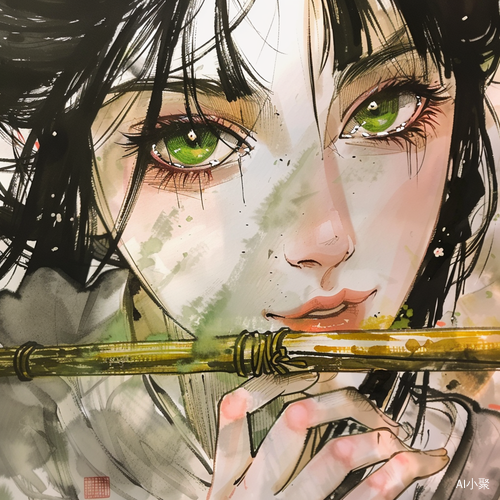 Chinese girl with bamboo stick: Extreme Close-up and Epic Ink Blending