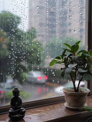 绵绵细雨、清晨的雾气、雨滴跳跃、湿漉漉的大地、雨丝飘扬、闪电与雷鸣、阴霾的天空、雨帘垂挂、雨水滋润着万物、雨后清新的空气、湿润花朵的芳香、雨水滴在窗户上、雨中行走的行人、倾盆大雨、雨水敲在屋顶上、流淌的小溪、雨水洒在树叶上、童年时光的雨天玩耍、雨伞在街上穿梭、远处的彩虹、雨中静谧的美景、雨水落在河面上、雨声敲打窗户，窗户间有一尊菩萨陶瓷像