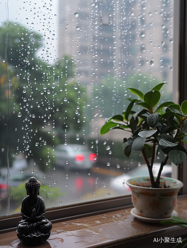 细雨霏霏闪电雷鸣，雨天美景窗前菩萨