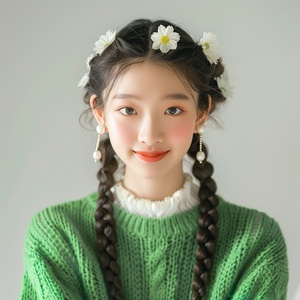 Chinese beauty, real person, long hair in two braids with white flowers on the head of each braid, wearing a green sweater and pearl earrings, smiling, light background, high definition photography, front facing photo, solid color knitted shirt in the style of light background, high definition photography.