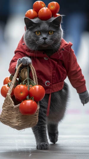 人形灰猫走在秀台上，穿着西红柿做的衣服，一只手拿着包，时装秀现场的样式，可爱的猫。——ar 9:16