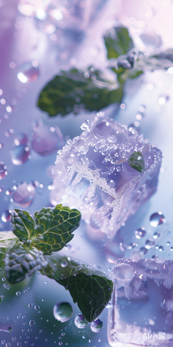 Melting Ice Blocks in Mint with Water Droplets