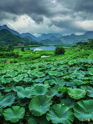 南方绿色稻田：莲花龙桥与睡莲之美